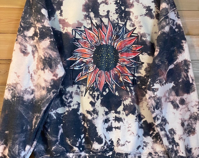 Red Sunflower Black Bleached Sweatshirt, Bleached sweatshirt, Red Sunflower Sweatshirt,  Brand 50/50, Handmade,