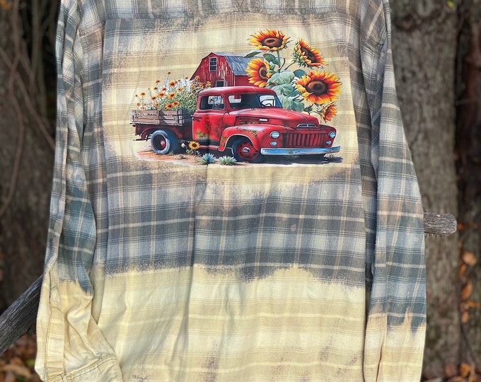 Bleached Distressed Flannel, Mens 2XL Repurposed with old Red truck and sunflowers print on the back, Color Grayish Green