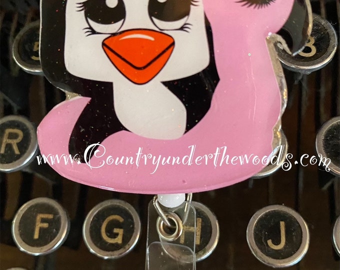 Penguin with Flamingo Float, Acrylic Badge Reel, Alligator clip, Free Shipping, Nurse Badge Reel,