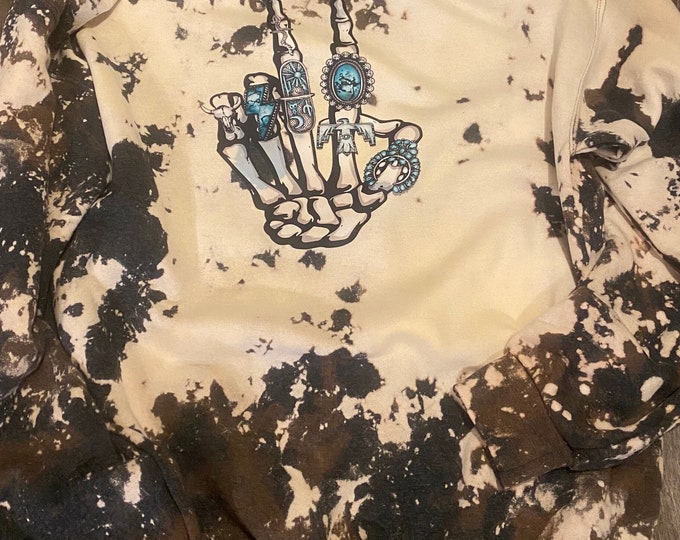 Western skeleton hand with Bling on a Cowhide Sweatshirt, Bleached sweatshirt, unique, Handmade, fast shipping,