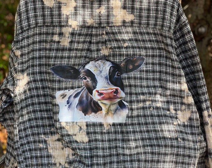 Bleached Flannel, Distressed Flannel Men’s Large, Repurposed Flannel, Black, Green and white baby Cow on the back