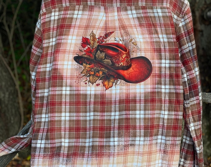 Bleached Flannel, Distressed Flannel Men’s large, Red cowboy Hat with flowers,  Brown, Cream and Red Flannel