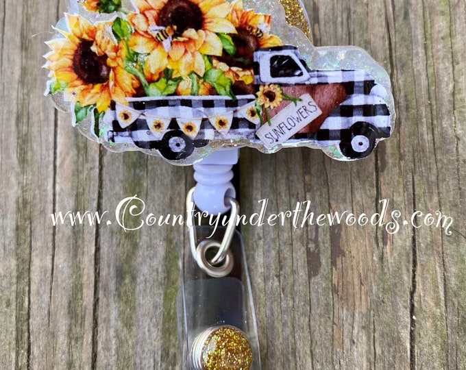 Sunflower Truck badge reel, ID Badge Reel Clip Holder, Retractable, Nurse Badge Reel, Nurse gift, medical Badge reel, Sunflowers