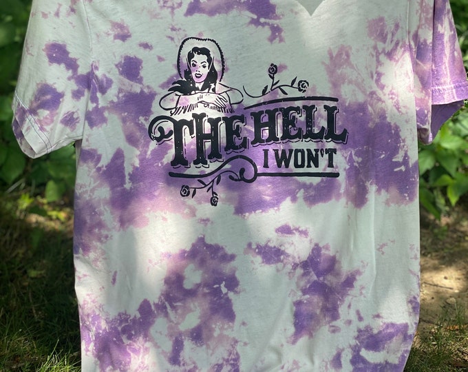 The Hell I won't t-shirt, 50/50 Blend, Handmade, Purple cowhide bleached t-shirt, fast shipping, Clearance Sale