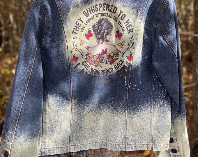 Bleached blue Jean Jacket Distressed Blue Jean Jacket women’s Medium ,  inspirational saying on the back