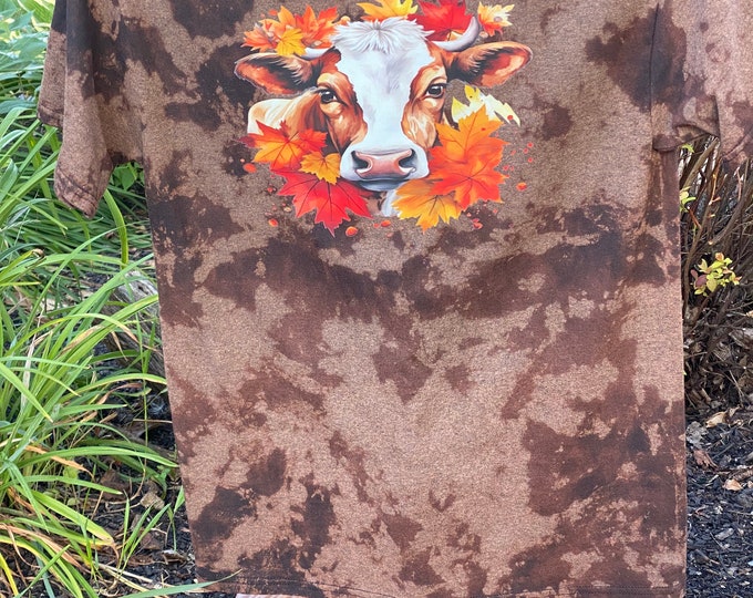 Fall Cow Cowhide T-shirt, Bleached shirt, T-shirt, cowhide, 50/50, Handmade, unique gift, fall T-shirt