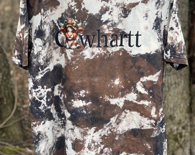 NEW DESIGN. Cowhartt Cowhide Sweatshirt with baby Highland cow, 50/50 blend, Trending, Baby Brown and White Highland Cow