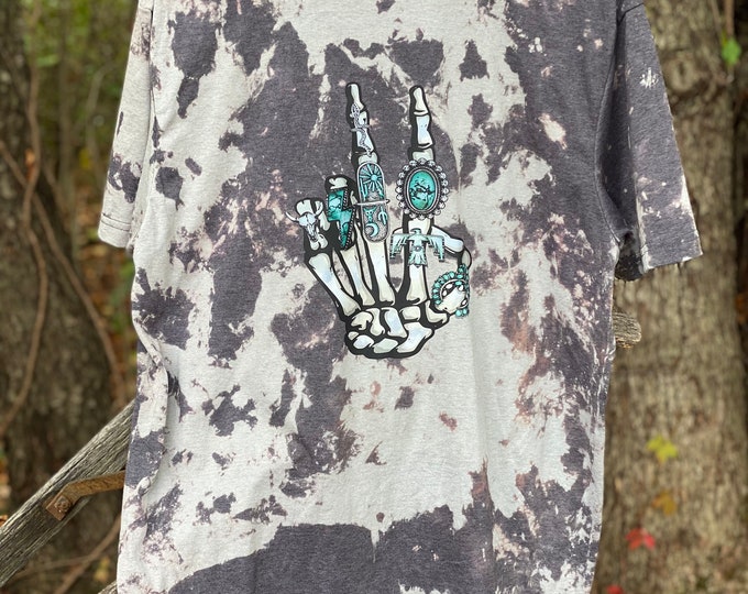 Western skeleton hand with Bling on a Bleachef Black and turquoise T-shirt unique, Handmade, fast shipping,