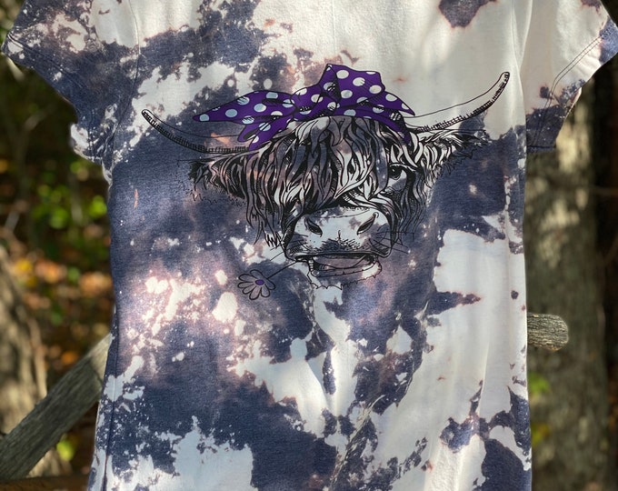 Blue and Purple cowhide  Bleached T-shirt, Brand 50/50, Hand Bleached, fast shipping, highland cow with Purple Bow