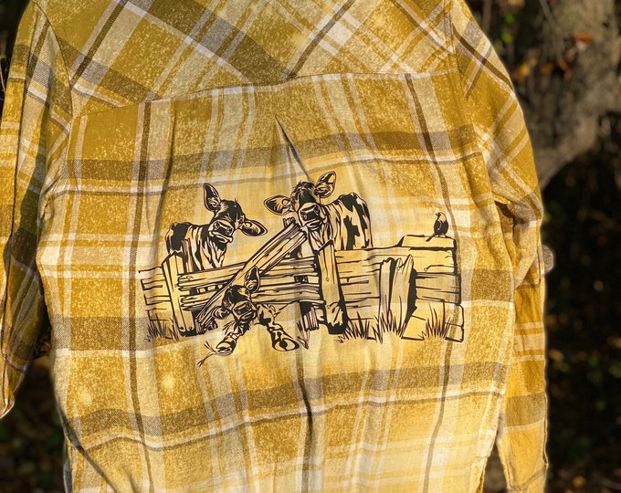 Bleached Flannel, Distressed Flannel Women’s Small, Repurposed with Cow Family screen print on the back, Color Yellow and Brown