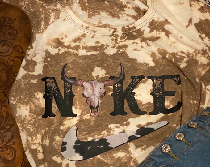 Western theme T-shirt, Bull skull, cowboy, Trending, Soft 50/50 blend, great unique gift, Bleached cowhide T-shirt