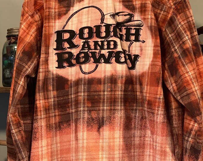 Bleached Flannel, Distressed Flannel Shirt, Mens XLarge Vintage, Repurposed Flannel, Rough and Rowdy on the back, Orange and Brown