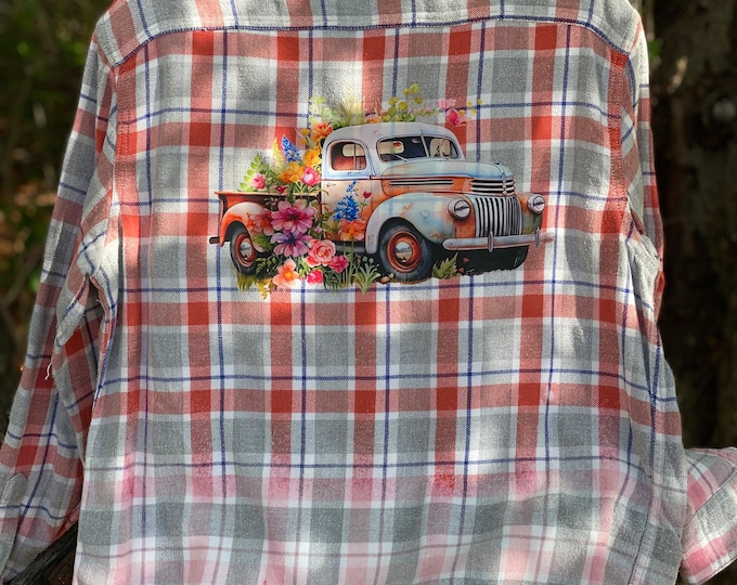 Bleached Flannel, Distressed Flannel Men’s Large Repurposed Flannel, Orange, Gray and White Flannel, Old Truck with Flowers