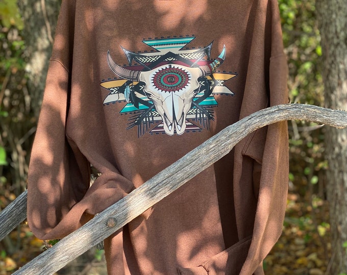 Longhorn Bull with Aztec background, Hoodie blend, soft Material, Trending, cowboy, southwest clothing, Longhorn, hoodie sweatshirt,bleach