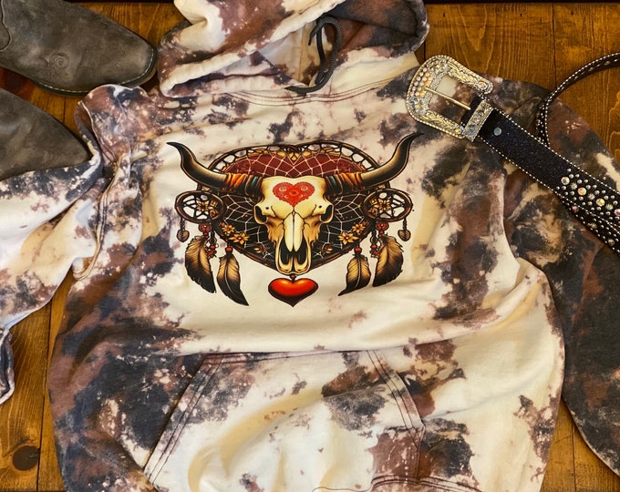 Valentine Longhorn with Dream catcher Cowhide Sweatshirt, Bleached sweatshirt, Sweatshirt, Cowhide, 50/50 blend, Trending, longhorn