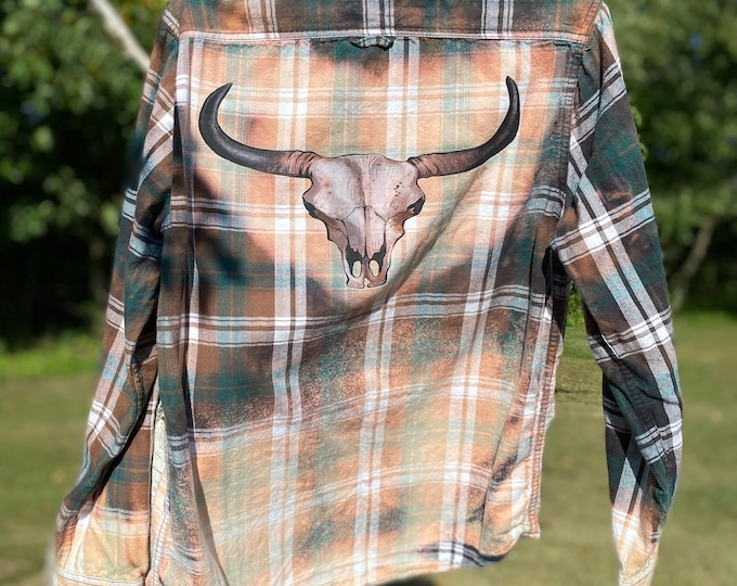 Bleached Flannel, Distressed Flannel Men’s Small Repurposed Flannel, Longhorn Bull