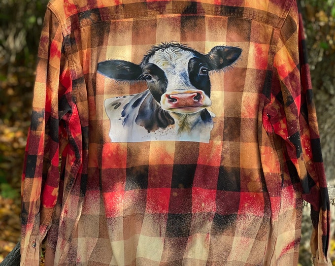 Bleached Flannel, Distressed Flannel Men’s XLarge, Repurposed Flannel, Black and red / rust color,  baby Cow on the back, Fast shipping