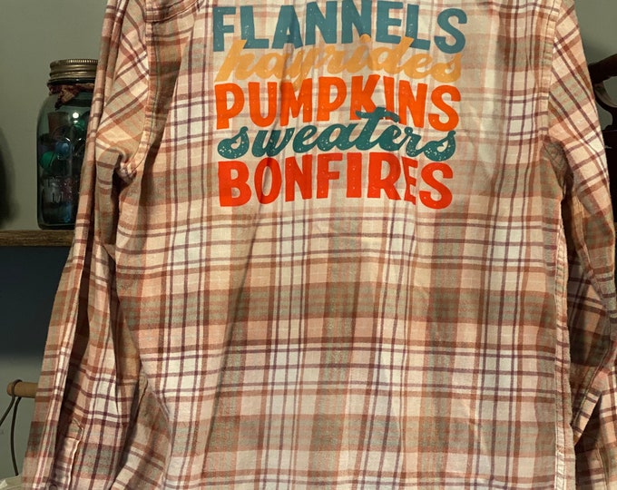 Bleached Flannel, Distressed Flannel Shirt, Mens Large Vintage, Repurposed with screen print, Flannels and Hayrides, Pumpkins, Sweaters