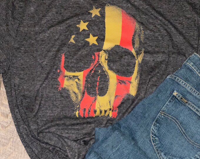 Red and Gold Skull with American flag, Father’s Day gift, trending, Make American great again, American theme clothing, Soft T-shirt blend