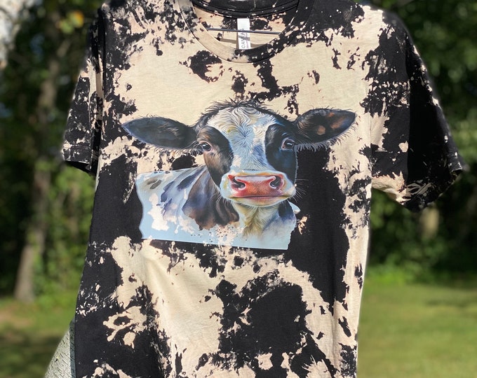 Baby Cow Black Bleached T-shirt, Black and White baby Cow, Hand Bleached, fast shipping, Farm Life