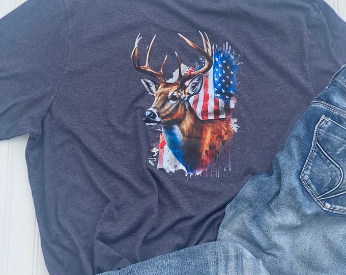 Deer with American Flag T-shirt, Outdoors, trending shirts, Men or women clothing, summer fun clothing, Fishing