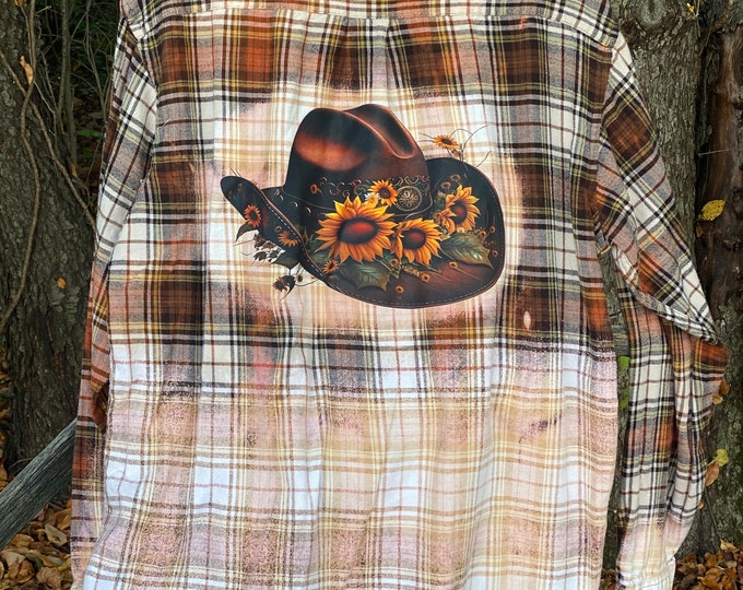 Bleached Flannel, Distressed Flannel Men’s Xlarge, Brown cowboy Hat with flowers,  Brown, Cream and Green Flannel