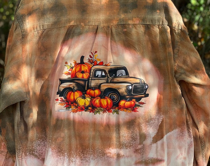 Bleached dress shirt, Distressed Shirt, Mens Large Repurposed with old Truck with pumpkins Fall print, Cool Dress shirt won’t make you hot