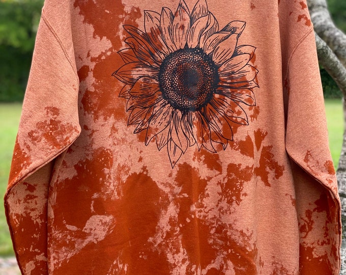 Black Sunflower Bleached Orange Sweatshirt, Bleached sweatshirt, Sunflower, 50/50 Blend, Handmade, Trending Clothing, Unique Gift, Nature lo