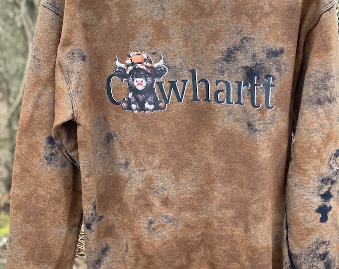 NEW DESIGN. Cowhartt Cowhide Sweatshirt with baby Highland cow, 50/50 blend, Trending, Baby Black Highland Cow with ball cap