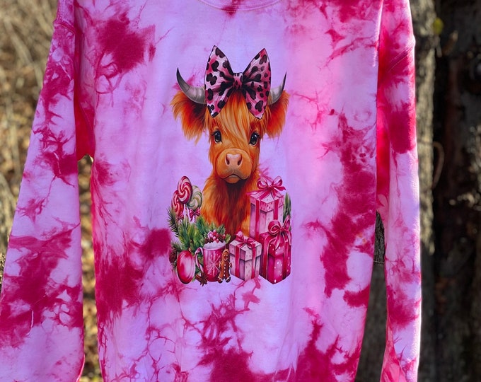 Baby Christmas Highland Cow Sweatshirt, 50/50 Blend, Handmade, Cute Sweatshirt, Trending clothing, ice tie dyed Hot Pink