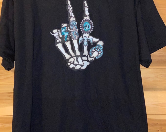 Western skeleton hand with Bling on a Gray or Black T-shirt, unique, Handmade, fast shipping,