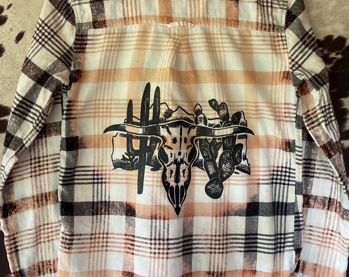 Bleached Flannel, Distressed Flannel, Longhorn Dessert Flannel, Black Flannel, Women’s Small Vintage, Repurposed