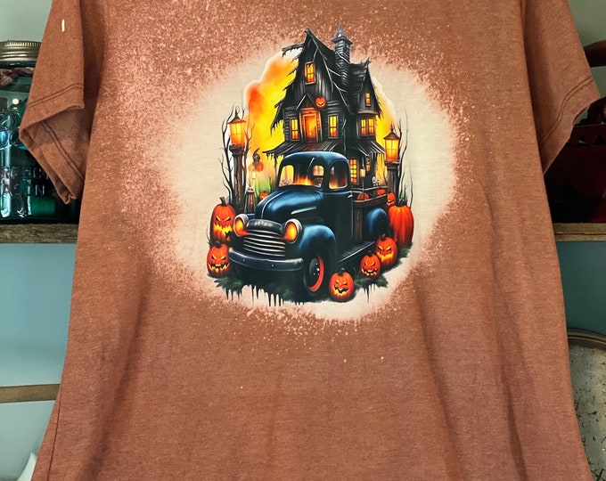 Old Black Truck t-shirt or sweatshirt 50/50 Blend, Handmade ,Black and Orange bleached t-shirt or sweatshirt, fast shipping, Halloween shirt