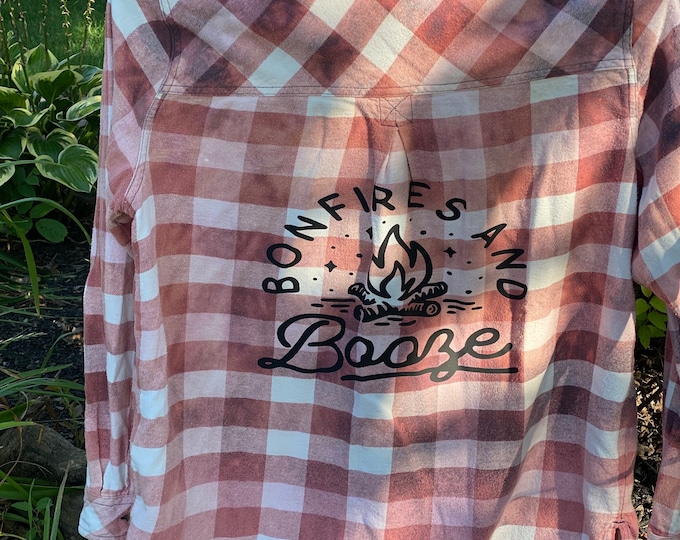 Bleached Flannel, Distressed Flannel Shirt, Mens Large Vintage, Repurposed Flannel, Bonfires and Booze print, Tan and white