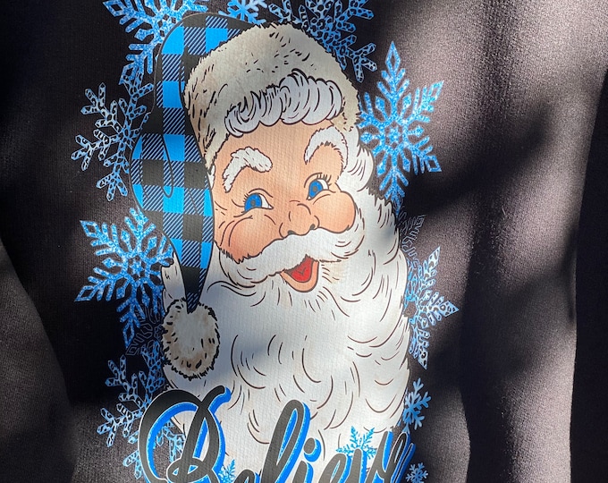 Santa Clause with Blue snowflakes,Blue bling, Christmas Sweatshirt, 50/50 Blend, Handmade,soft  Sweatshirt, Trending Shirt, Black Sweatshirt