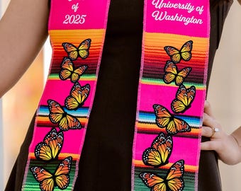 Embroidered Butterfly Sash, Hot Pink Serape Graduation Stole, Class of 2026 Gift