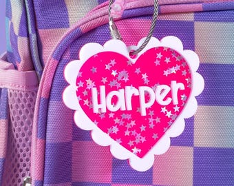 Backpack Name Tag, Diaper Bag Tag, Custom Acrylic Keychain, School Bag Name Tag, Sports Bag Keychain, Glitter Keychain, Backpack Accessories