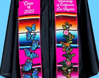 BLUE Butterfly Flower Mexican Graduation Stole, Custom Graduation Stole, Class of 2025, Estola de Graduación, Personalized Stole