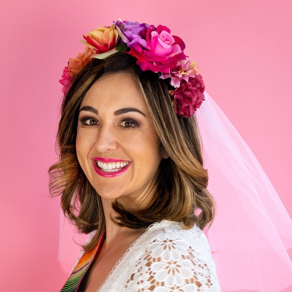Flower Crown Bridal Veil - Mexican Bohemian Bride - Bridal Shower Favor - Final Fiesta Bachelorette Headband - Colorful Flower Headband