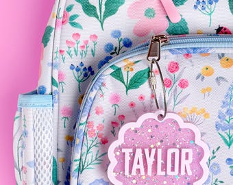 Backpack Name Tag, Custom Name Keychain for Back to School, Glitter Bag Charm