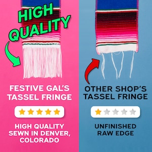May include: A comparison image of two tassel fringes. The left side shows a high-quality fringe with white tassels, a colorful woven top, and text that reads "Festive Gal's Tassel Fringe" and "High Quality Sewn in Denver, Colorado". The right side shows a fringe with an unfinished edge.