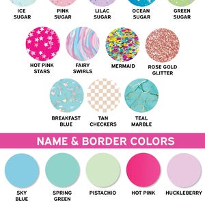 Op de afbeelding: Een afbeelding met verschillende achtergrond- en randkleuropties. Het bovenste gedeelte toont achtergrondkleuren zoals "Teal Glitter", "Purple Glitter" en "Rose Gold Glitter". Het onderste gedeelte toont randkleuren zoals "Sky Blue", "Pistachio" en "Lilac".