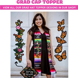 May include: A woman wearing a black dress and a graduation sash with the text "CLASS OF 2025" and "POLITICAL SCIENCE". She is holding a decorated graduation cap with the text "Dream big, work hard, stay humble."