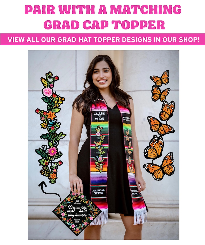May include: A woman wearing a black dress and a graduation sash with the text "CLASS OF 2025" and "POLITICAL SCIENCE". She is holding a decorated graduation cap with the text "Dream big, work hard, stay humble."