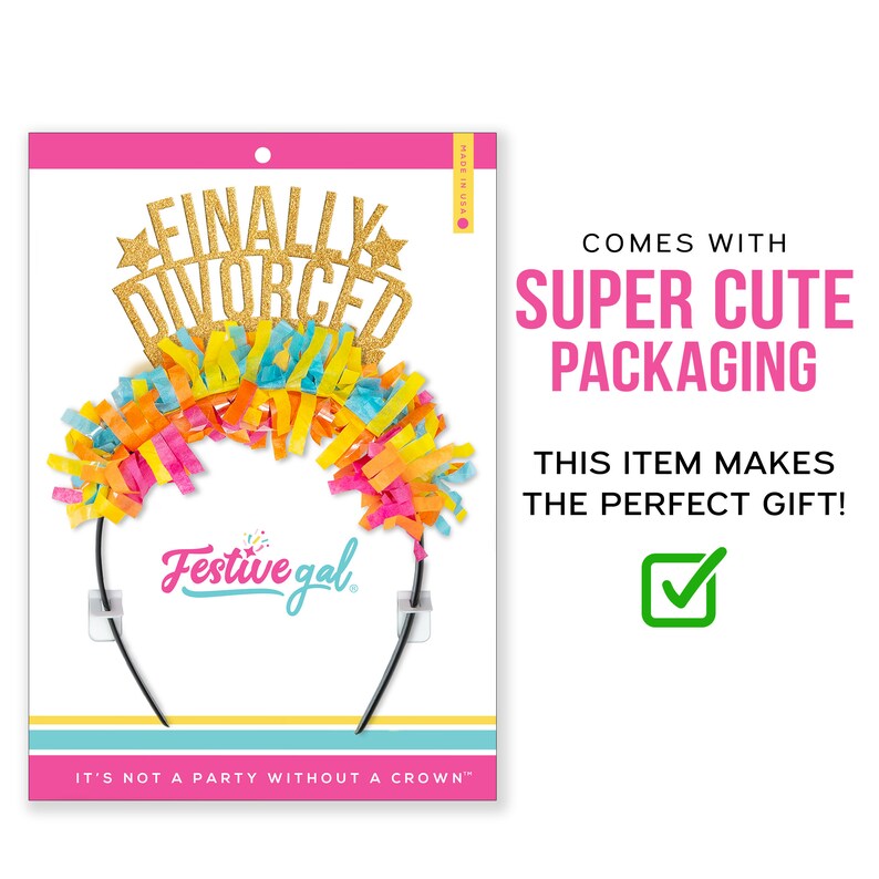May include: A black headband with a gold glitter "FINALLY DIVORCED" sign and colorful streamers. The packaging says "SUPER CUTE PACKAGING" and "THIS ITEM MAKES THE PERFECT GIFT!"