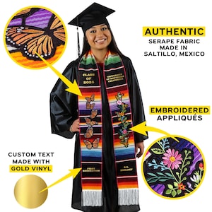 Black Mexican graduation stole with embroidered butterflies and flowers