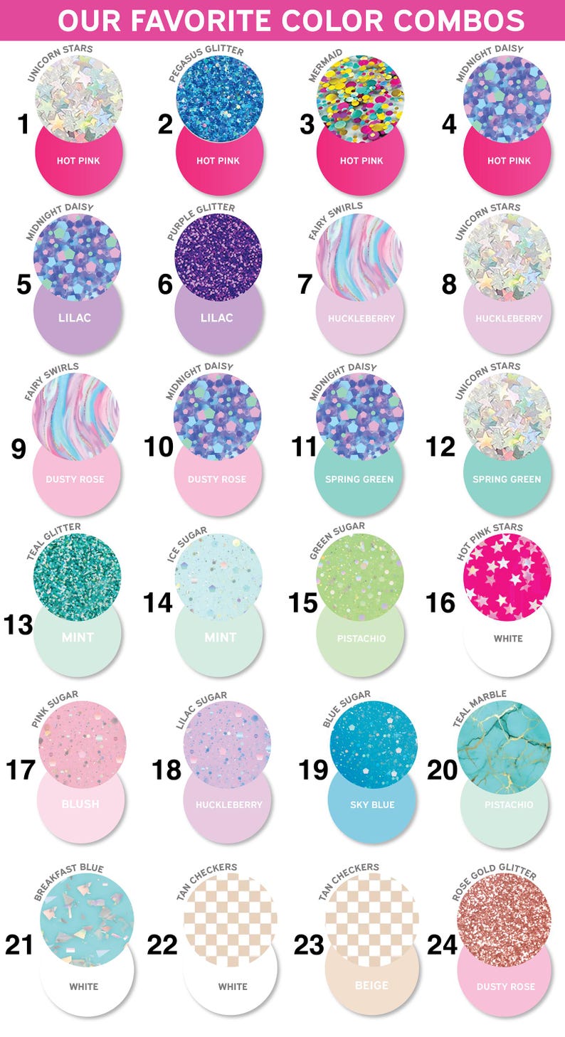 Op de afbeelding: Afbeelding met 24 kleurencombinaties met glitter en effen kleuren. Elke combinatie is een cirkel van glitter gecombineerd met een effen gekleurde cirkel eronder. De tekst bovenaan luidt "ONZE FAVORIETE KLEURENCOMBINATIES".