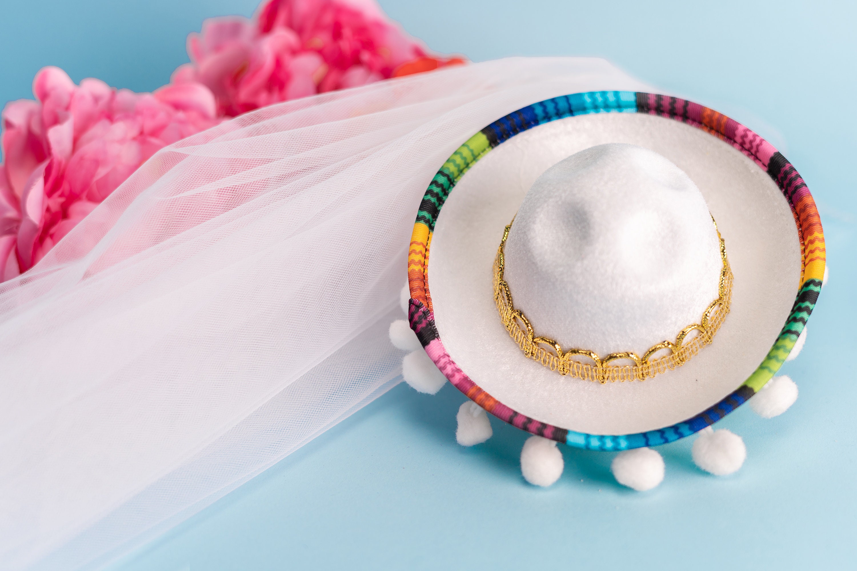 Mini Sombrero Veil with Pom Poms