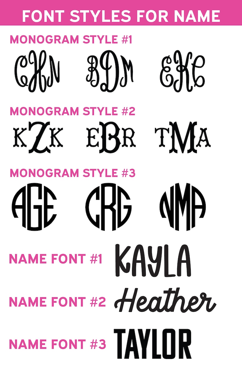 Op de afbeelding: Een witte achtergrond toont verschillende lettertypen voor namen en monogrammen. De afbeelding toont drie monogramstijlen en drie lettertypen voor namen in zwart, met de tekst "FONT STYLES FOR NAME" in roze bovenaan.