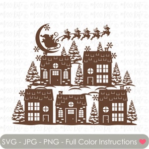 Kerstavond scène - SVG PNG JPG-bestanden voor kerstavond Happy Holidays Santa Snow Winter gezellige warme rendieren Scrapbook Cricut silhouet